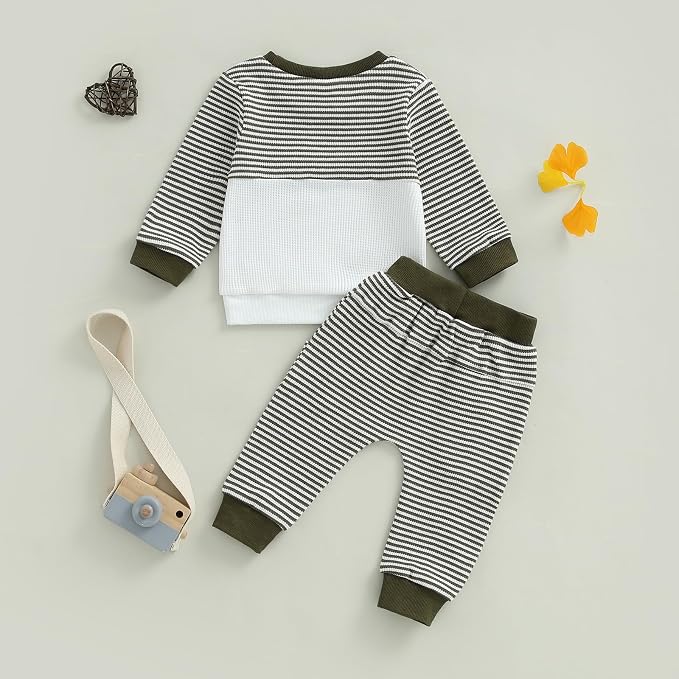 Toddler Baby Boy Fall Clothes Waffle Outfit Long Sleeve Color Blocking - Image 7