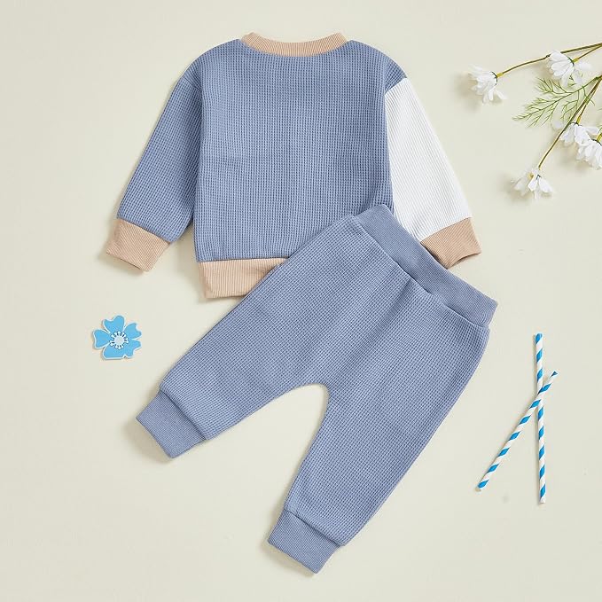 Toddler Baby Boy Fall Clothes Waffle Outfit Long Sleeve Color Blocking - Image 7