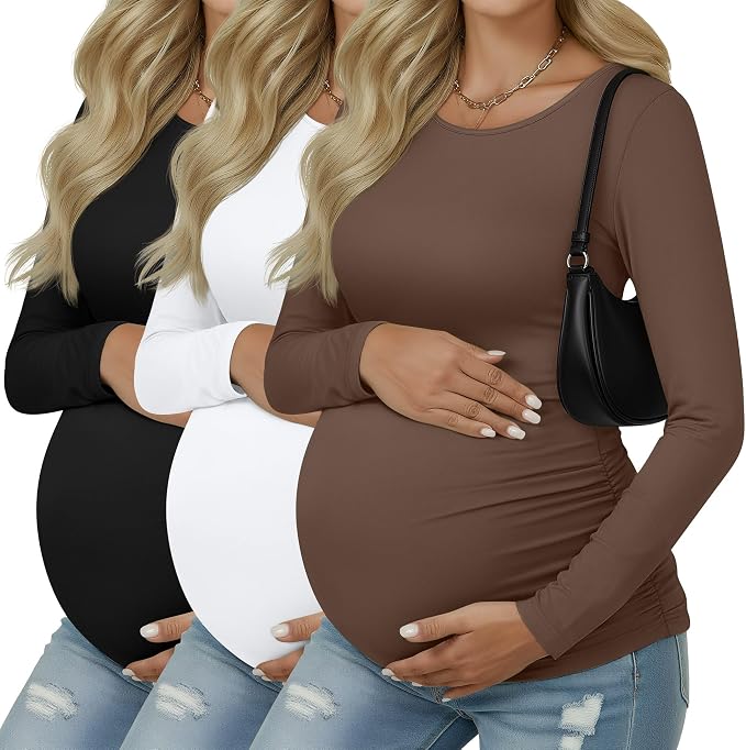 Ficerd 3 Pack Women's Maternity Shirts, Long Sleeve Side Ruched Pregnancy Tee by Ficerd
