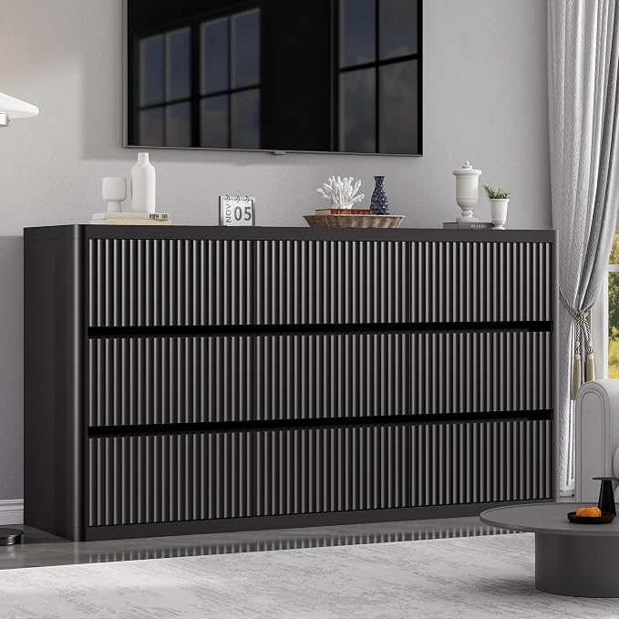 Black 9 Drawers Dressers for Bedroom, Curved Profile, Modern Flute Dresser TV - Image 6