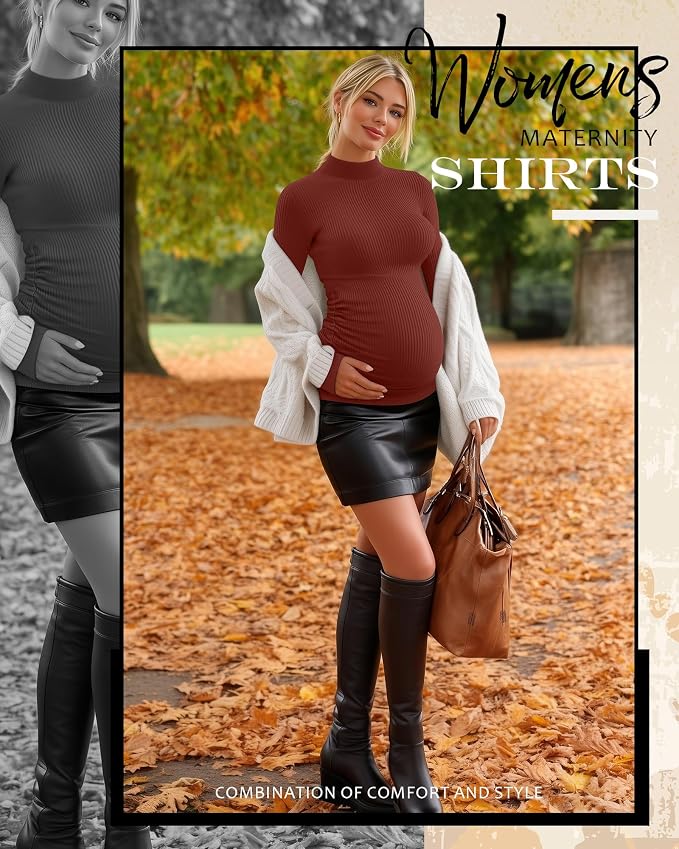 4 Packs Womens Maternity Shirts Long Sleeve Cotton Ribbed Pregnancy Mock Neck - Image 2