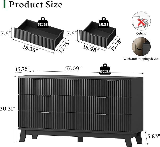 Fluted Dresser with 7 Drawers, Wooden Dresser TV Stand, Modern Closet Clothes - Image 2
