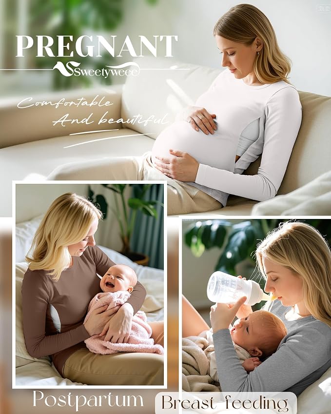 4 Pack Women's Nursing Breastfeeding Tops, Long Sleeve Maternity Shirts Loose - Image 2