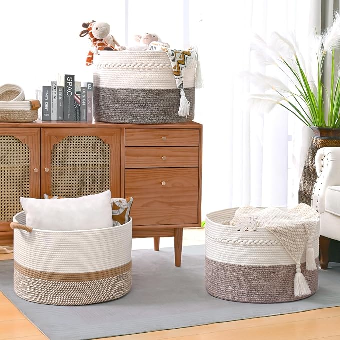 67L Large Blanket Basket, Cotton Rope Blanket Basket Living Room, Baby Laundry - Image 6