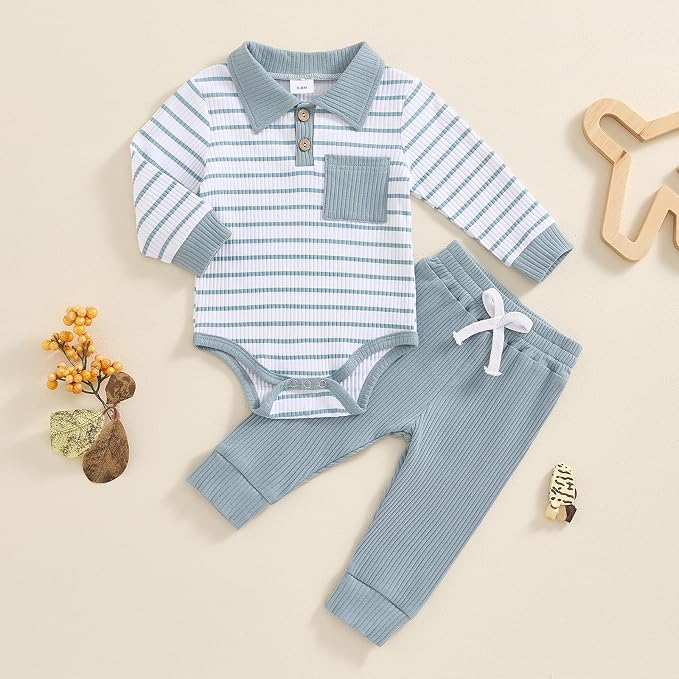Newborn Baby Boy Girl Clothes Ribbed Knitted Long Sleeve Romper Pants Solid - Image 2