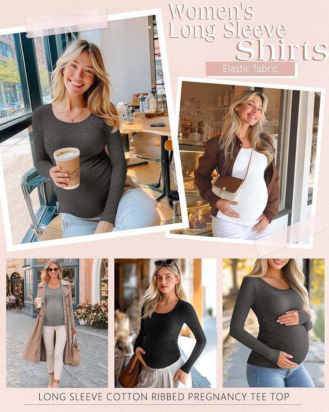 Riyiper 4 Pack Women's Maternity Shirts, Long Sleeve Cotton Ribbed Pregnancy - Image 2