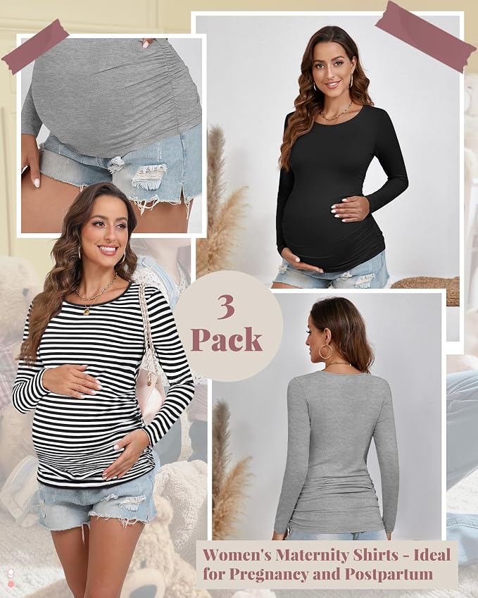 Ficerd 3 Pack Women's Maternity Shirts, Long Sleeve Side Ruched Pregnancy Tee - Image 3
