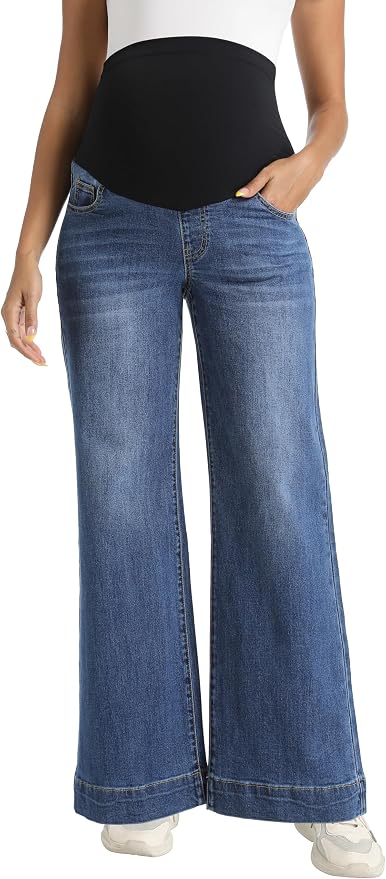 Foucome Women's Maternity Jeans Wide Leg Trendy Comfy Stretchy Straight Leg - Image 4