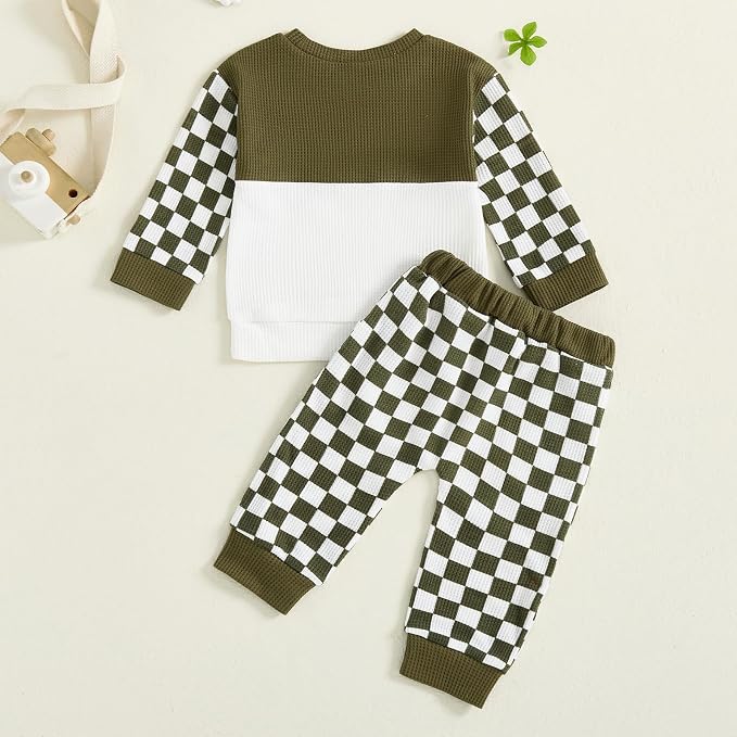 Toddler Baby Boy Fall Clothes Waffle Outfit Long Sleeve Color Blocking - Image 7