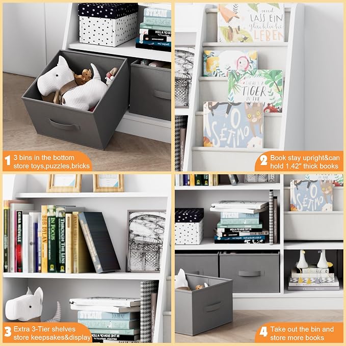 White Kids Bookshelf Wood Montessori Toy Storage Organizer Cabinet Shelf Child - Image 3