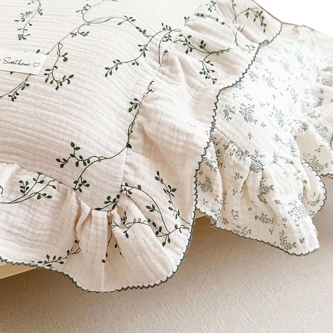 BuLuTu 100% Cotton Muslin Floral Pillowcase Standard Size Soft Breathable Gauze - Image 6