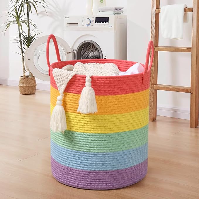 52L Rainbow Storage Basket for Organizing, Cotton Rope Woven Blanket Basket - Image 3