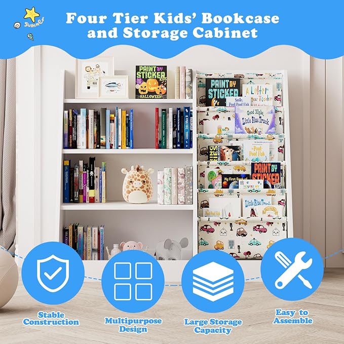 4 Tier Kids Wooden Bookshelf, Five Layer Sling Bookcase, Baby Storage Book Rack - Image 5