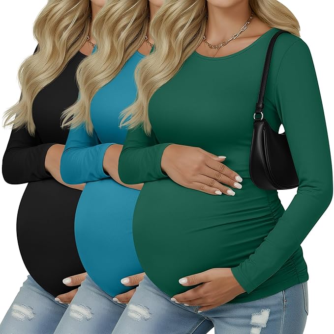 Ficerd 3 Pack Women's Maternity Shirts, Long Sleeve Side Ruched Pregnancy Tee by Ficerd