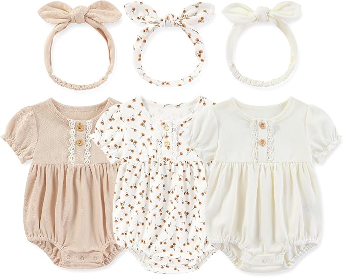 Newborn Baby Girl Clothes Cotton Bubble Romper Floral Short Sleeve Bodysuit 3 by MAMIMAKA