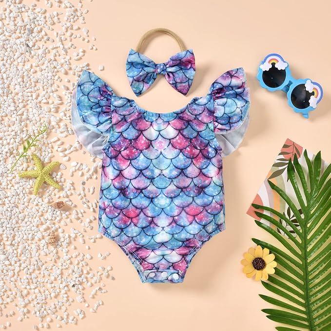 Toddler Girl Baby Ruffles Mermaid Fish Scale Swimsuit One Piece Swimwear - Image 7