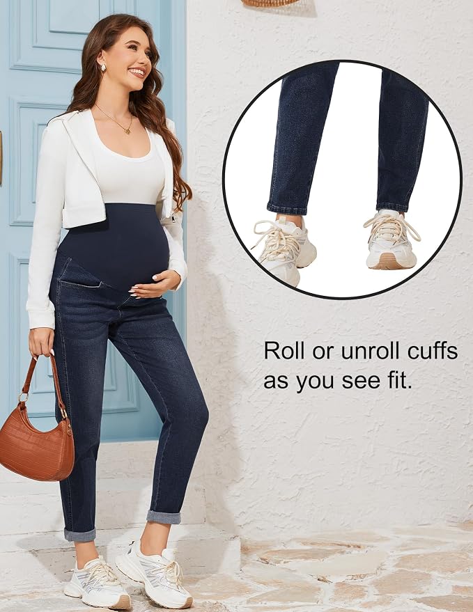 POSHGLAM Women's Maternity Jeans Over Belly Comfy Stretch 28'' Boyfriend Jeans - Image 3