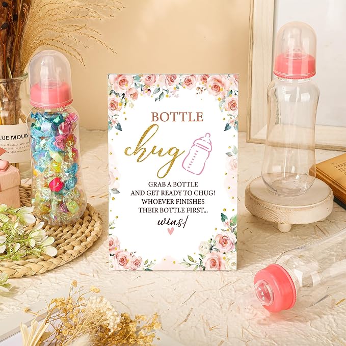 TrelaCo Floral Cool Baby Shower Games Bottle Chug Sign Wooden Floral Gift Sets - Image 2