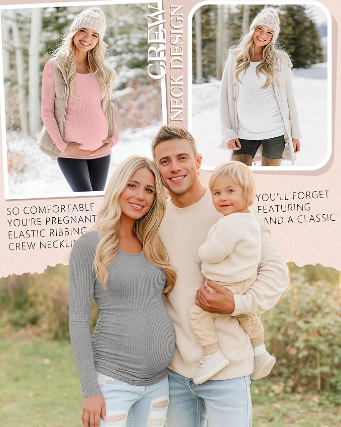 Riyiper 4 Pack Women's Maternity Shirts, Long Sleeve Cotton Ribbed Pregnancy - Image 4