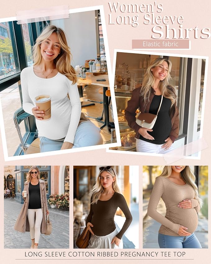 Riyiper 4 Pack Women's Maternity Shirts, Long Sleeve Cotton Ribbed Pregnancy - Image 2
