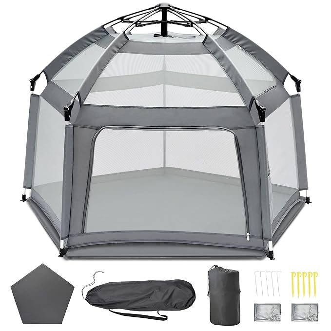 Baby Playpen with Self-Inflating Play Mat & Travel Bag, Portable Outdoor Playpen by UPHUNAL