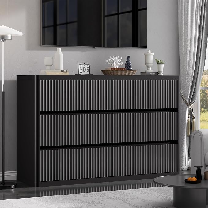 Black Dresser for Bedroom with 6 Double Drawers, Modern Fluted Dresser TV Stand - Image 6