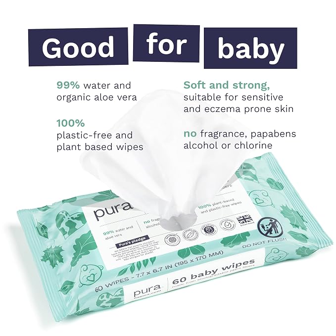 Pura Baby Wipes 3 x 60 per pack 100% Plastic-Free & Plant Based Wipes, 99% Water - Image 3