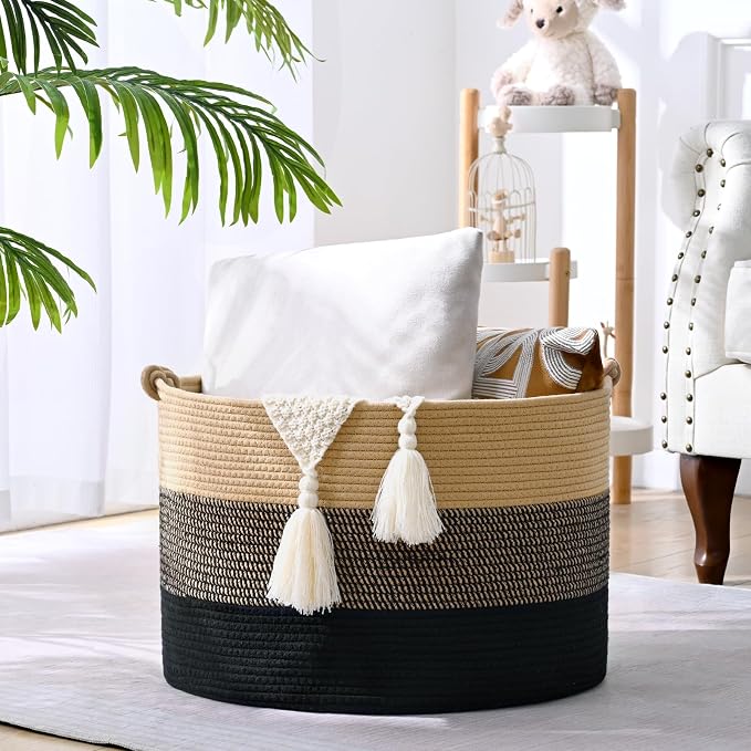 67L Large Blanket Basket, Cotton Rope Blanket Basket Living Room, Baby Laundry - Image 2