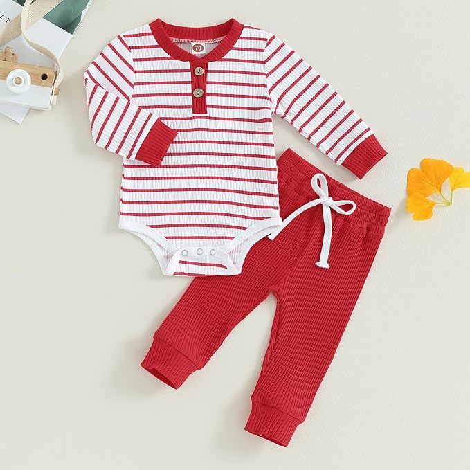 Newborn Baby Boy Girl Clothes Ribbed Knitted Long Sleeve Romper Pants Solid - Image 2