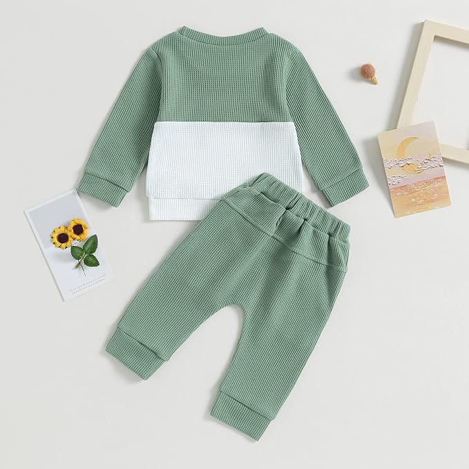 Toddler Baby Boy Fall Clothes Waffle Contrast Color Sweatshirt Pants Sets - Image 4
