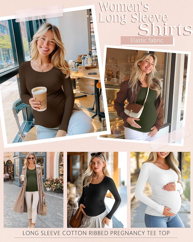 Riyiper 4 Pack Women's Maternity Shirts, Long Sleeve Cotton Ribbed Pregnancy - Image 2