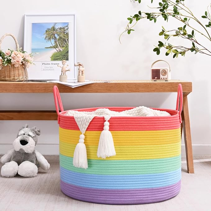 67L Rainbow Storage Basket for Organizing, Cotton Rope Woven Blanket Basket - Image 7