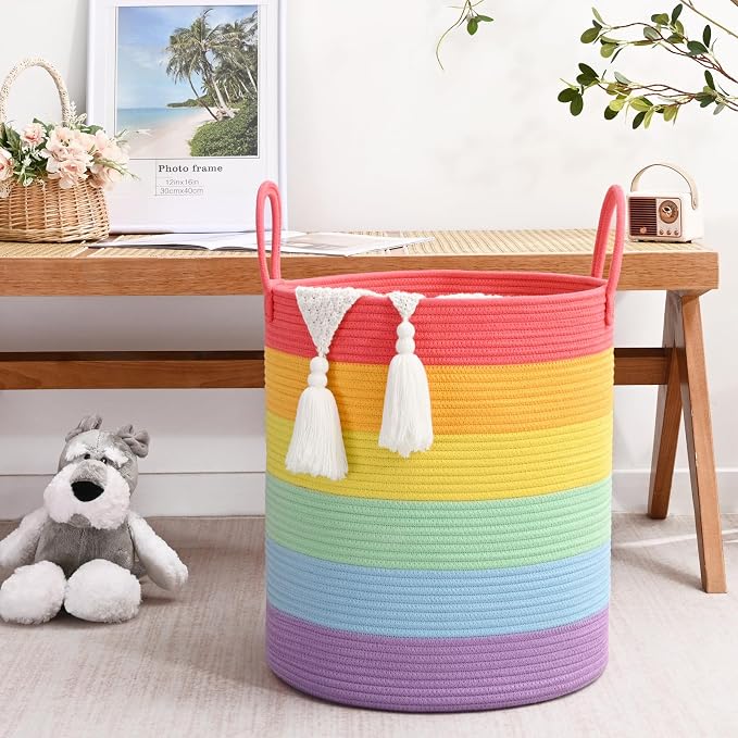 52L Rainbow Storage Basket for Organizing, Cotton Rope Woven Blanket Basket - Image 7