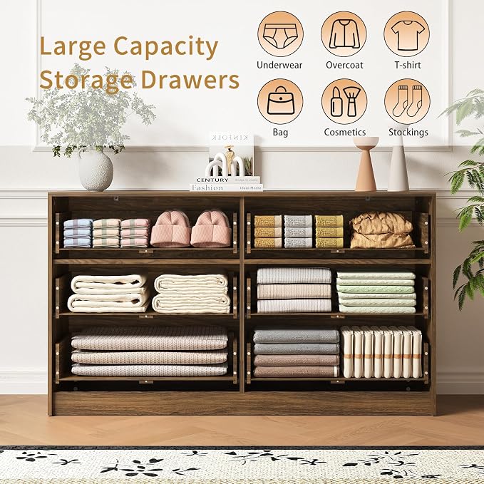6 Drawers Fluted Dresser for Bedroom, Large Floor Chest of Drawers, Modern Long - Image 4