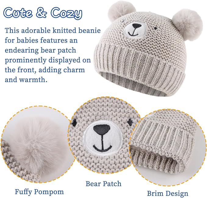 JANGANNSA Cute Bear Baby Beanie Pompom Baby Boys Hat Infant Toddler Winter - Image 3