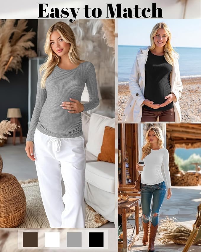 Huukeay 4 Pack Women's Maternity Shirts, Long Sleeve Cotton Ribbed Pregnancy - Image 4