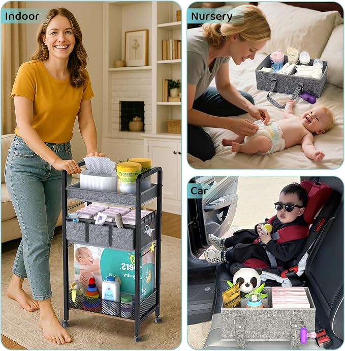2IN1 Baby Diaper Caddy Organizer-3 Tier Rolling Storage Cart - Image 4