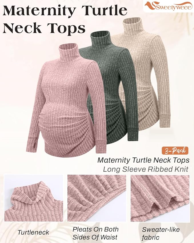3 Pack Maternity T-Shirts Pregnancy Tops Women Sweater Long Sleeve Turtleneck - Image 3
