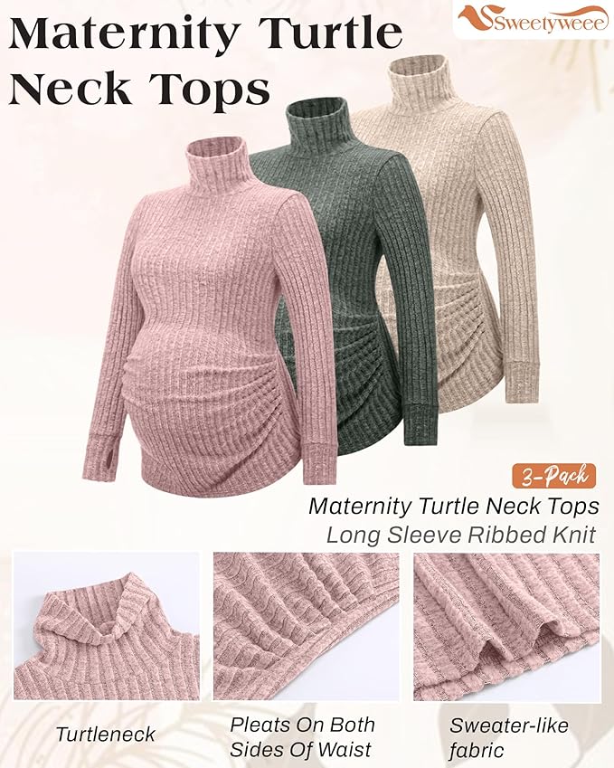 3 Pack Maternity T-Shirts Pregnancy Tops Women Sweater Long Sleeve Turtleneck - Image 3