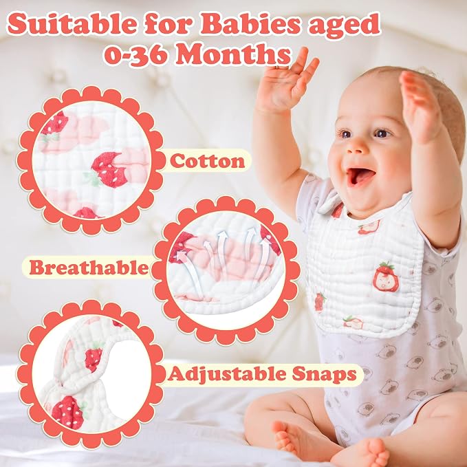 Zainpe 6Pcs Snap Muslin Cotton Baby Bibs Strawberry Lemon Avocado Pattern - Image 3