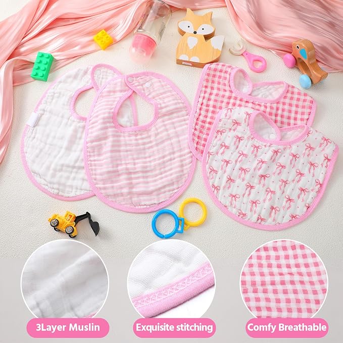 4 Piece Drooling Bibs for Baby Boys Girls, Soft Triple Layer Cotton Muslin - Image 3