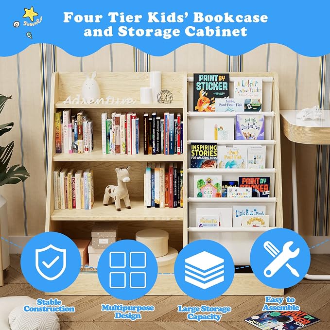 4 Tier Kids Wooden Bookshelf, Five Layer Sling Children Bookcase, Baby Storage - Image 4