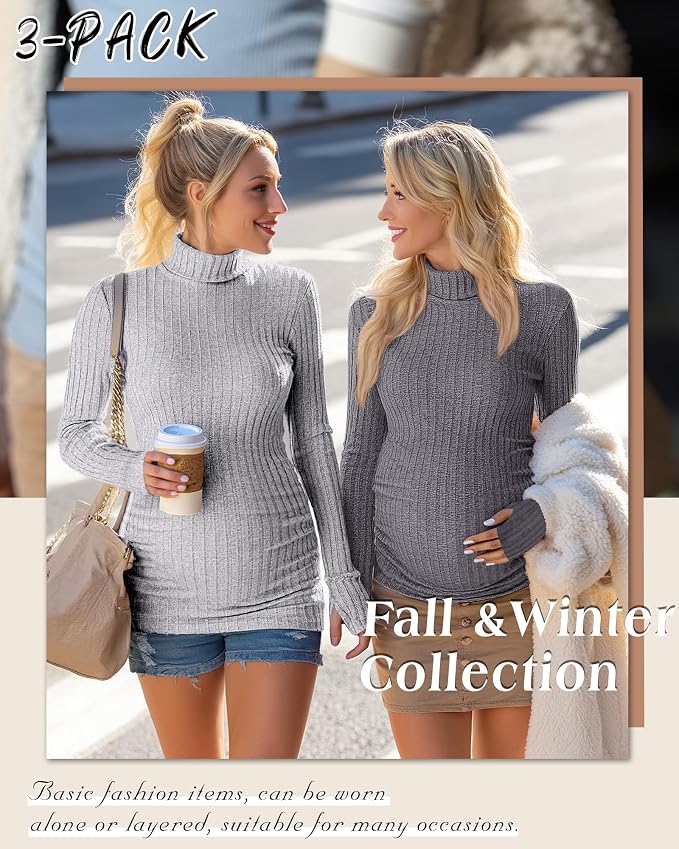 3 Pack Maternity T-Shirts Pregnancy Tops Women Sweater Long Sleeve Turtleneck - Image 5