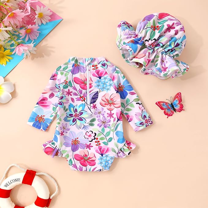 Infant Baby Girl Swimsuit One-Piece Long Sleeve Rash Guard - Image 3