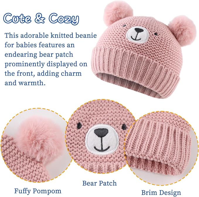 JANGANNSA Cute Bear Baby Beanie Pompom Baby Boys Hat Infant Toddler Winter - Image 3