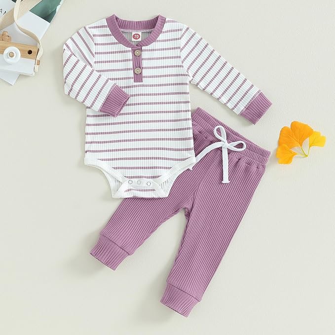 Newborn Baby Boy Girl Clothes Ribbed Knitted Long Sleeve Romper Pants Solid - Image 2