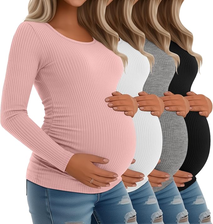 Riyiper 4 Pack Women's Maternity Shirts, Long Sleeve Cotton Ribbed Pregnancy by Riyiper