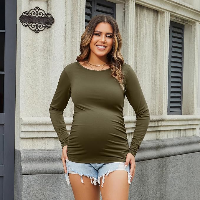Bhome Women's Maternity Shirts 3 Packs Long Sleeve Pregnancy Tops Basic Side - Image 3