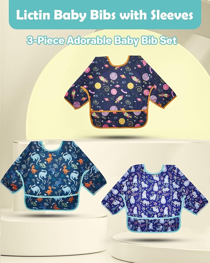 Lictin 3 Packs Baby Bibs for Boy or Girl, Cute Long Sleeve Bib, Waterproof Bibs - Image 3
