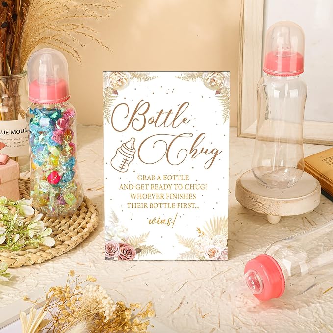 TrelaCo Cool Baby Shower Games Wooden Bottle Chug Sign Boho Theme Gift Sets and - Image 2